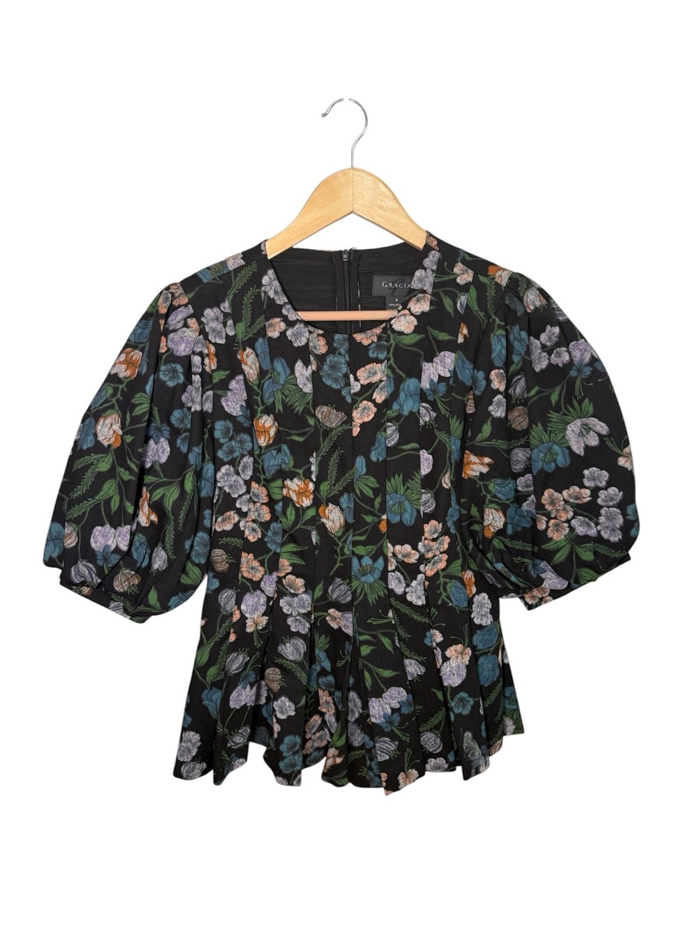 Gracia Floral Puff Sleeve Peplum Blouse Pleated Black Top Size Small
